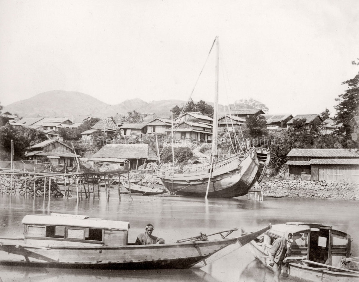 Nagasaki Japan Japanese Junk Harbor Boats Waterfront Village Vtg. Photo 19thC.