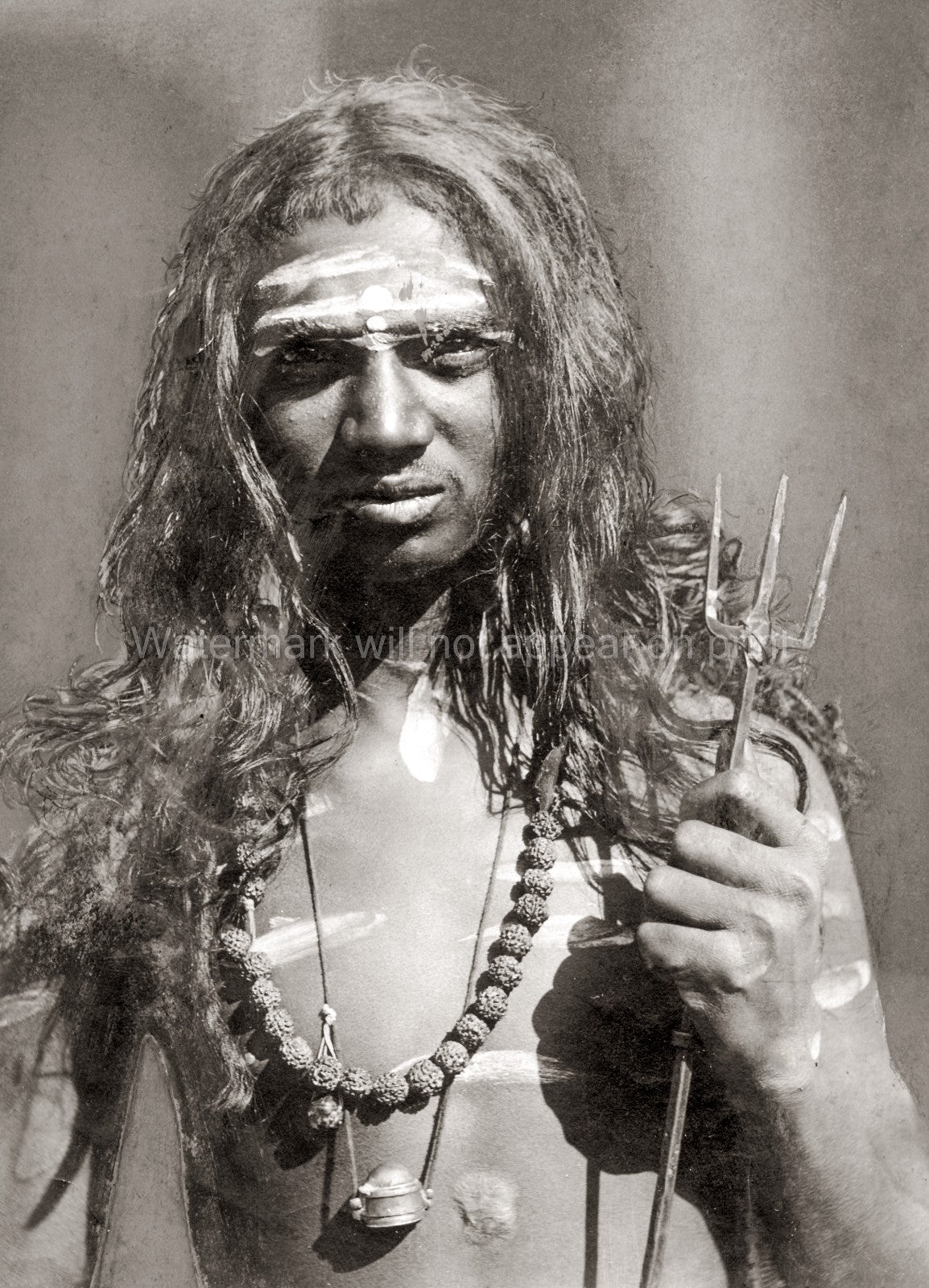 Indian Fakir Holy Man Portrait Trident Rudraksha India Vtg. Photo 20thC.