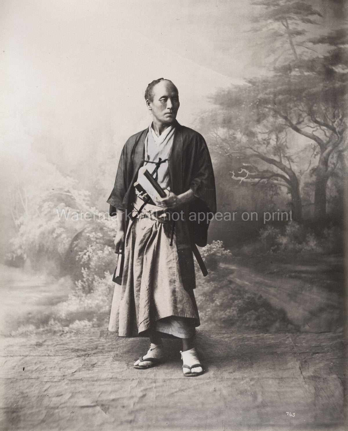 Japan Samurai Warrior 2 Swords Kimono Katana Portrait Vtg. Photo 19thC.