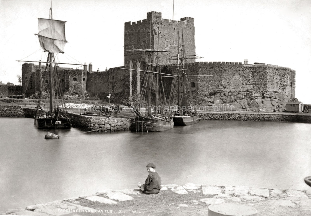 Carrickfergus Castle Ireland Harbor Sailing Ships Stone Walls Vtg. Photo 19thC.