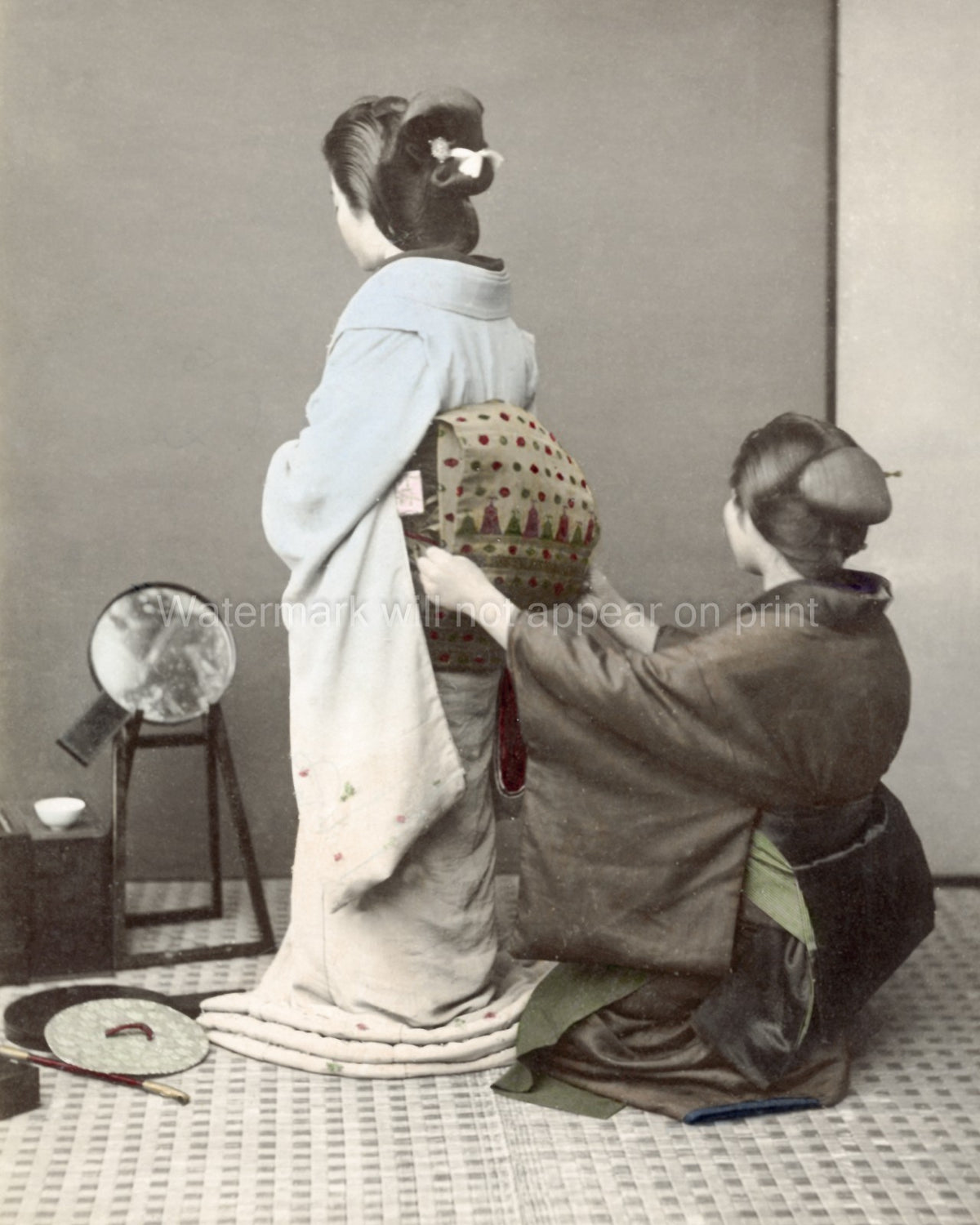 Japan 2 Women Adjusting Obi Sash Kimono Hairstyle Mirror Vtg. Photo 19thC.
