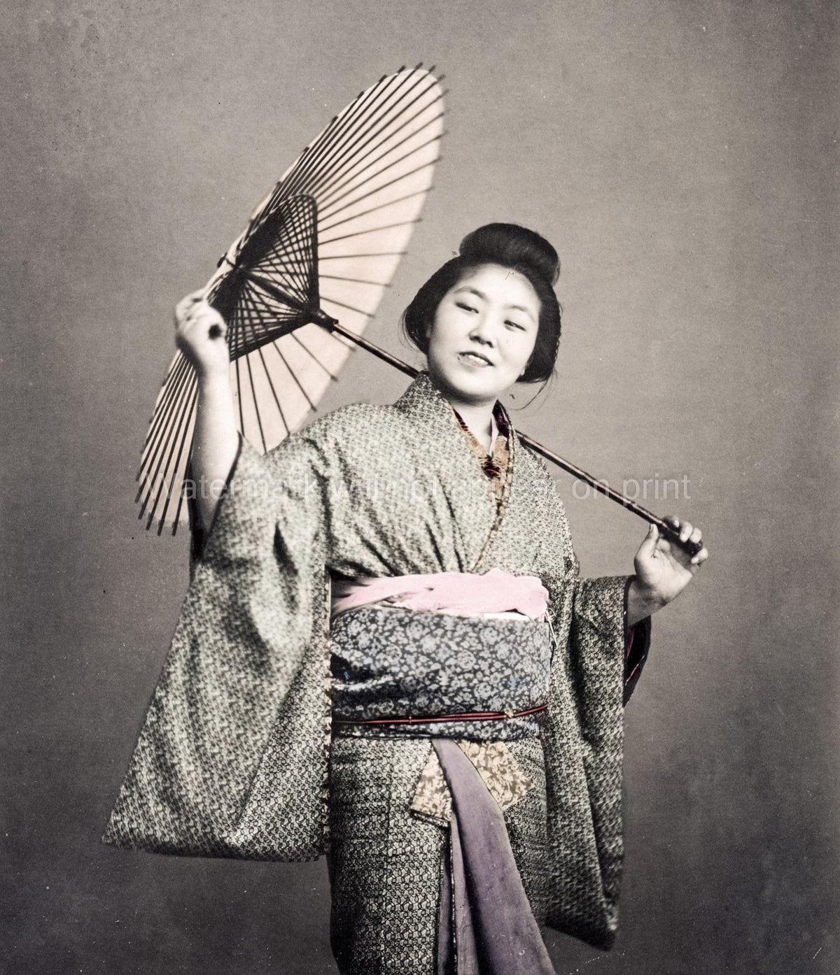 Japanese Woman Kimono Parasol Traditional Dress Studio Vtg. Photo 19thC.