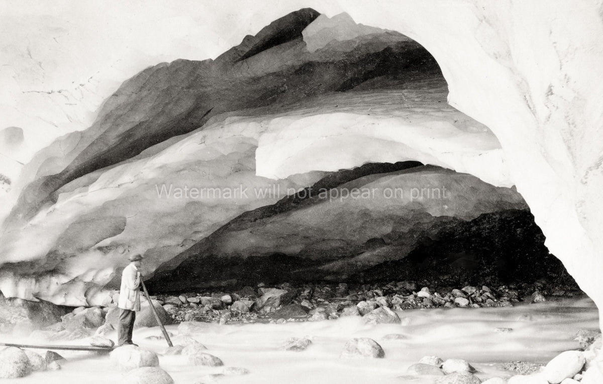Grindelwald Switzerland Ice Cave Glacier River Man Explorer Vtg. Photo 19thC.