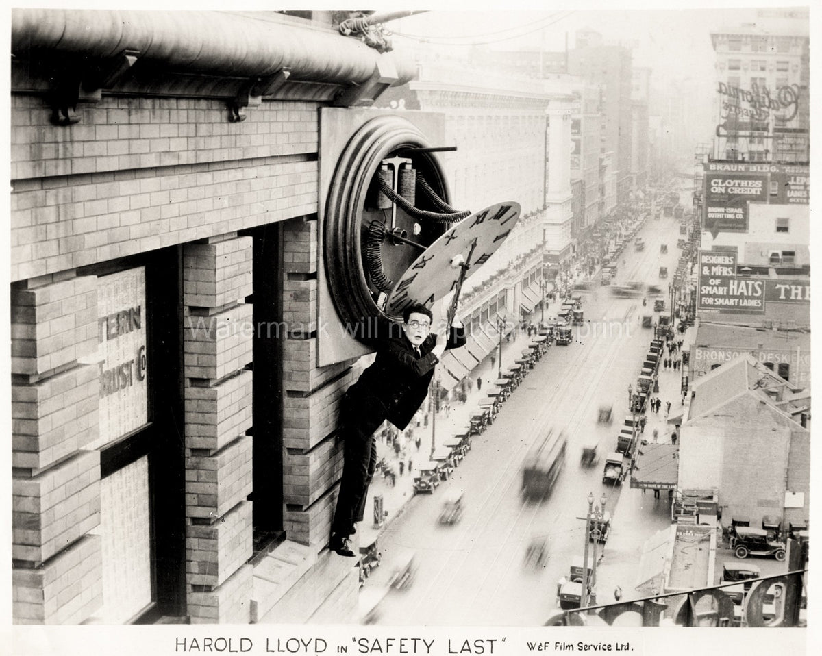 Harold Lloyd Safety Last Dangling Clock Skyscraper Stunt Vtg. Photo 20thC.