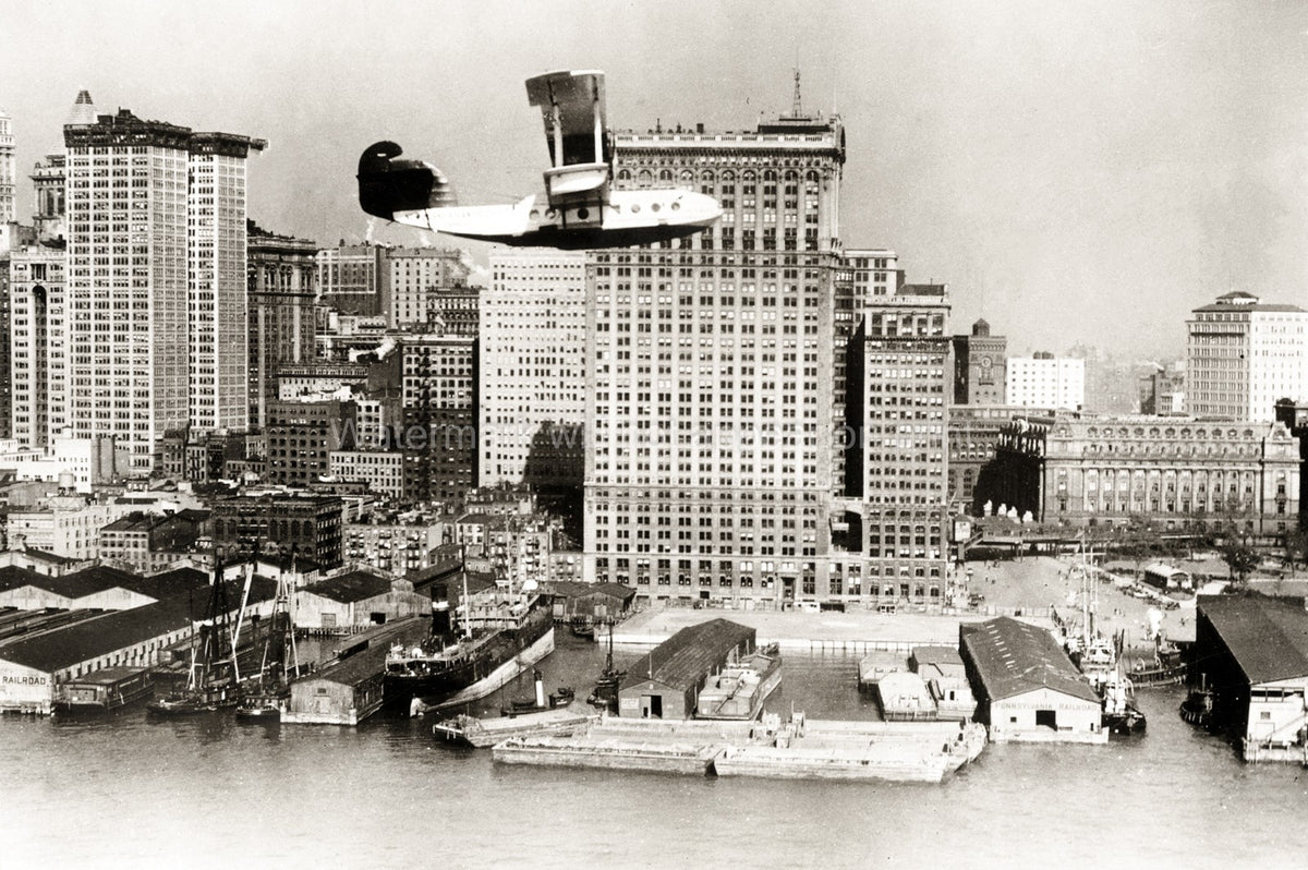 Manhattan New York Skyline Flyingboat Seaplane Hudson River Vtg. Photo 20thC.