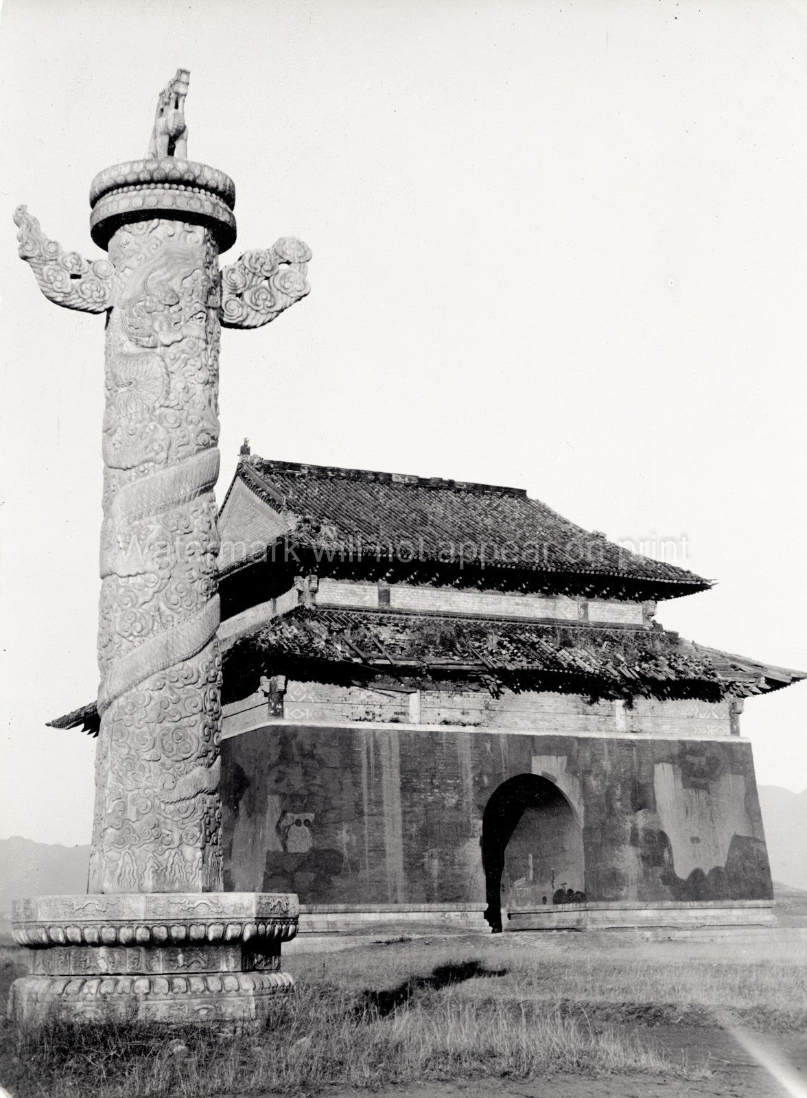 Carved Pillar Gate Peking Beijing China Imperial Dragon Tomb Vtg. Photo 19thC.