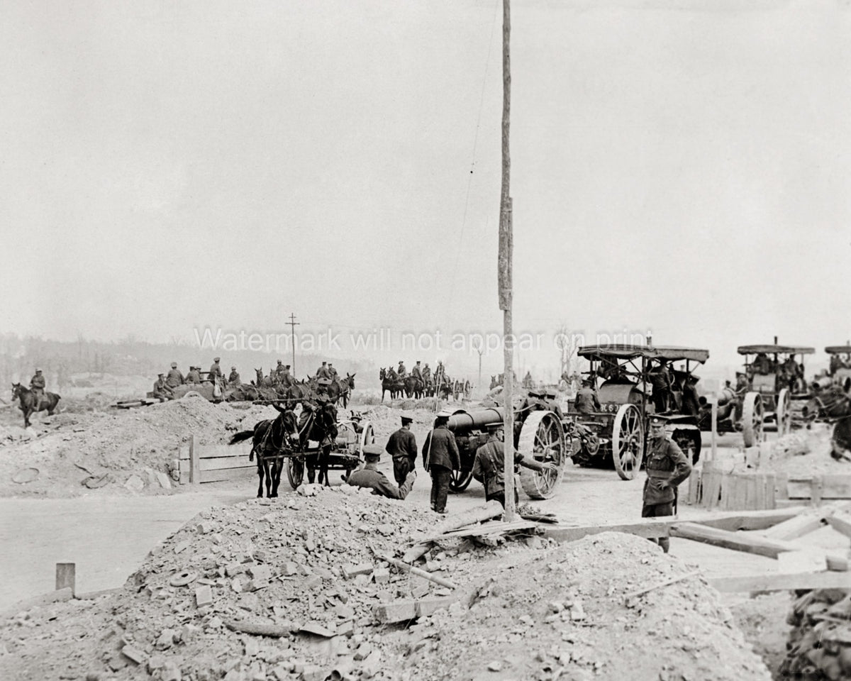WWI Big Guns Moving Front France Soldiers Mules Vtg. Photo WW1