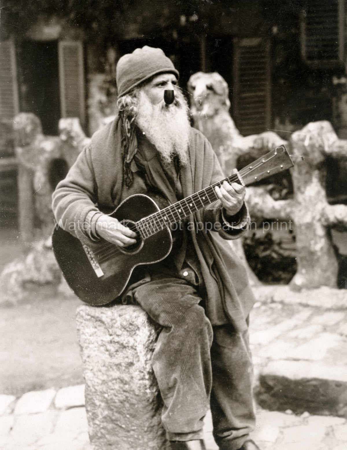 Montmartre Paris Old Guitar Player Musician Man Beard Pipe Vtg. Photo 20thC.