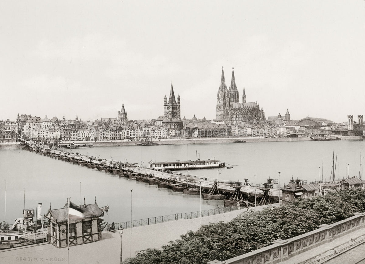 Koln Germany Rhine River Pontoon Bridge Cityscape Cathedral Vtg. Photo 19thC.