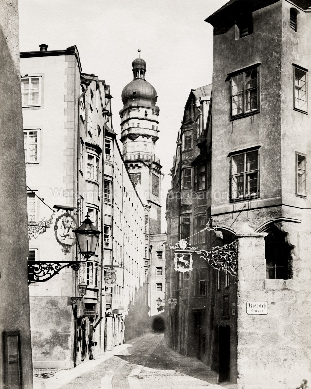 Seilergasse Innsbruck Old Town Street Scene City Tower Signs Vtg. Photo 19thC.