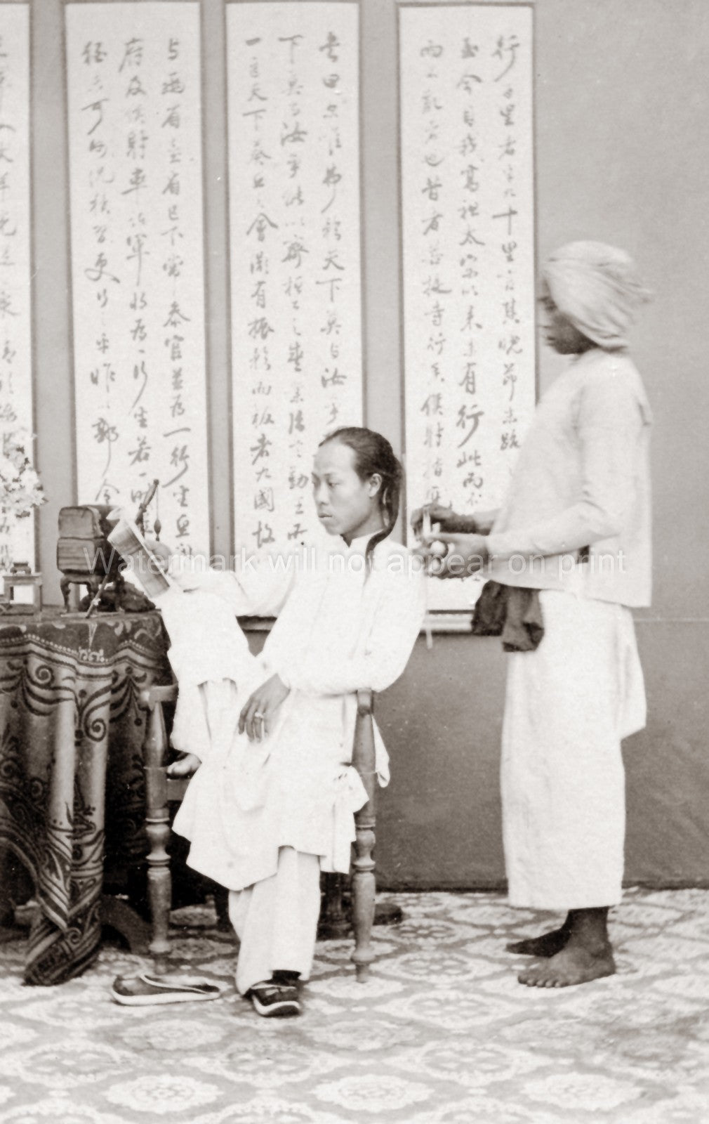 Indo-China Studio Portrait Chinese Man Queue Hairstyle Vtg. Photo 19thC.