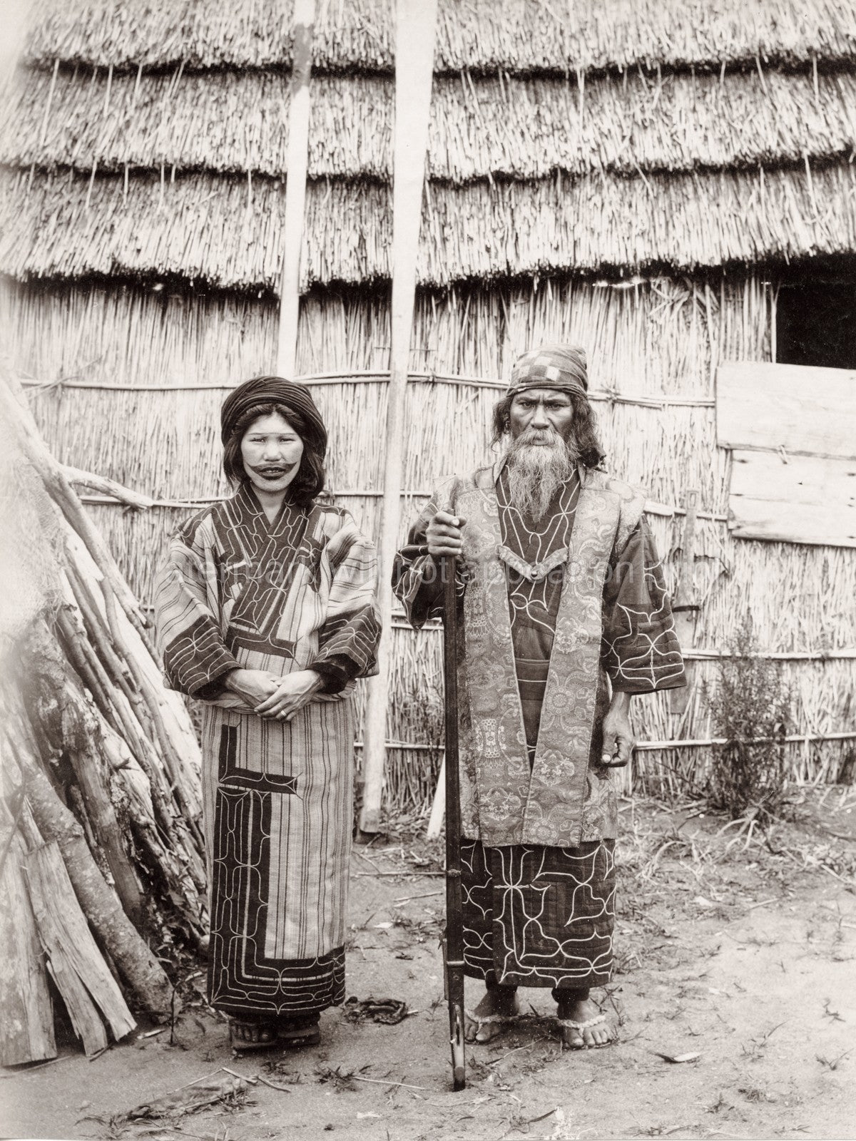 Ainu Couple Hokkaido Japan Indigenous People Traditional Vtg. Photo 19thC.