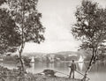 Lake Windermere District Man Rowboat Sailboats Shoreline Vtg. Photo 19thC.