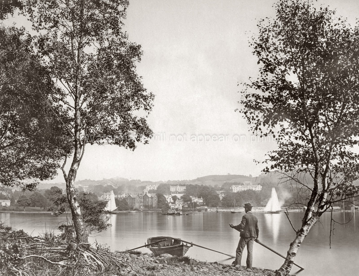 Lake Windermere District Man Rowboat Sailboats Shoreline Vtg. Photo 19thC.