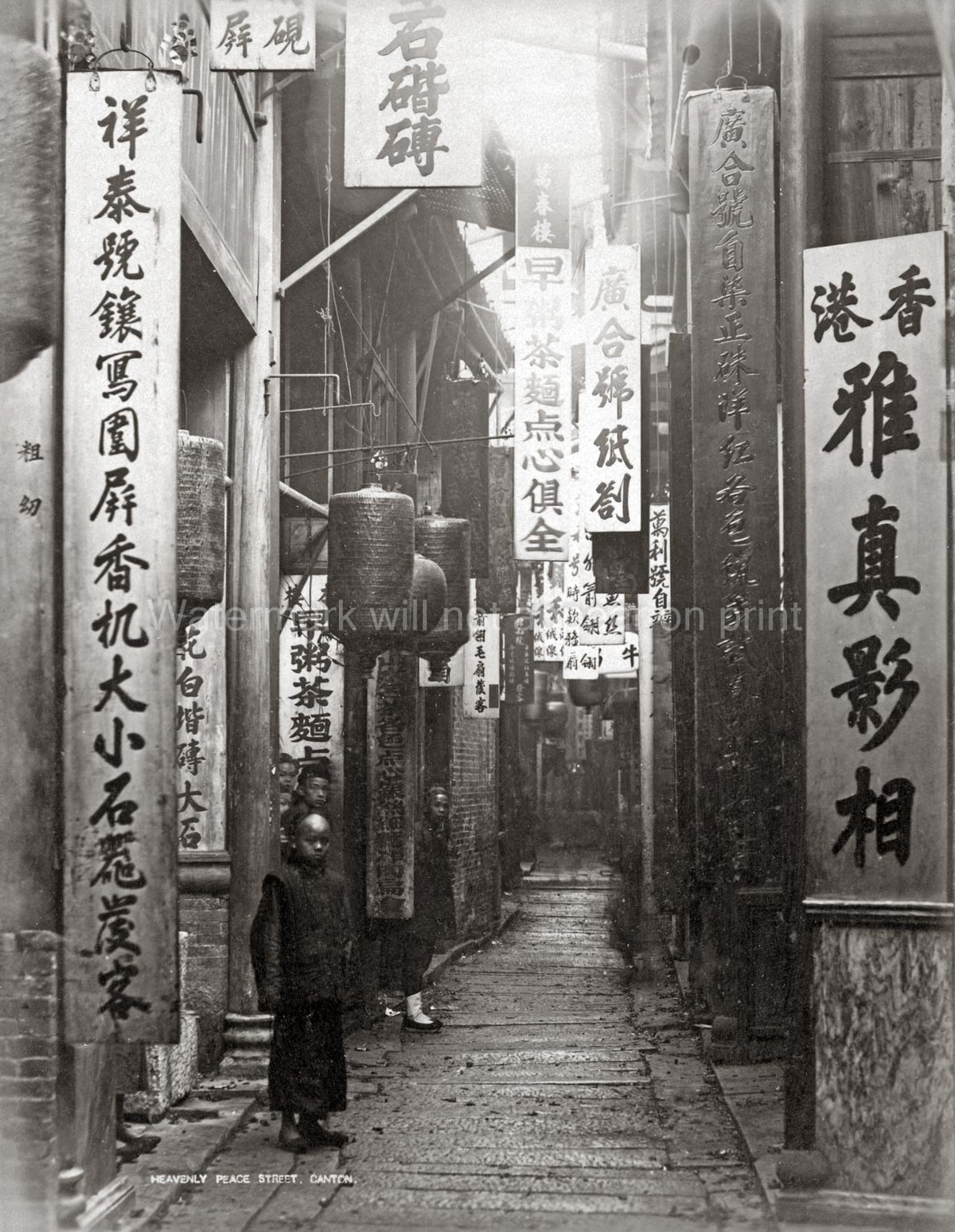 Canton China Heavenly Peace Street Scene Shops Signs Children Vtg. Photo 19thC.