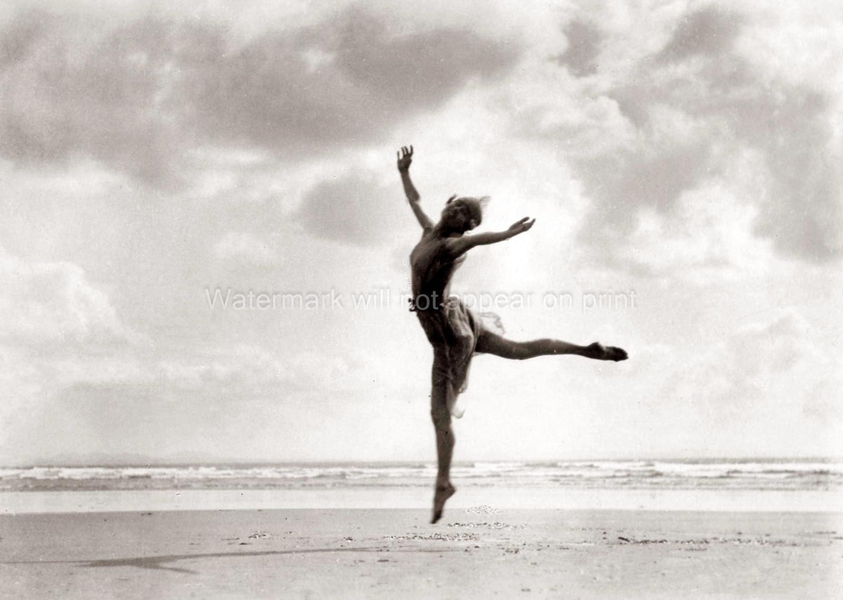 Dancer On A Beach Ballet Leap Artistic Pose Ocean Sky Vtg. Photo 20thC.
