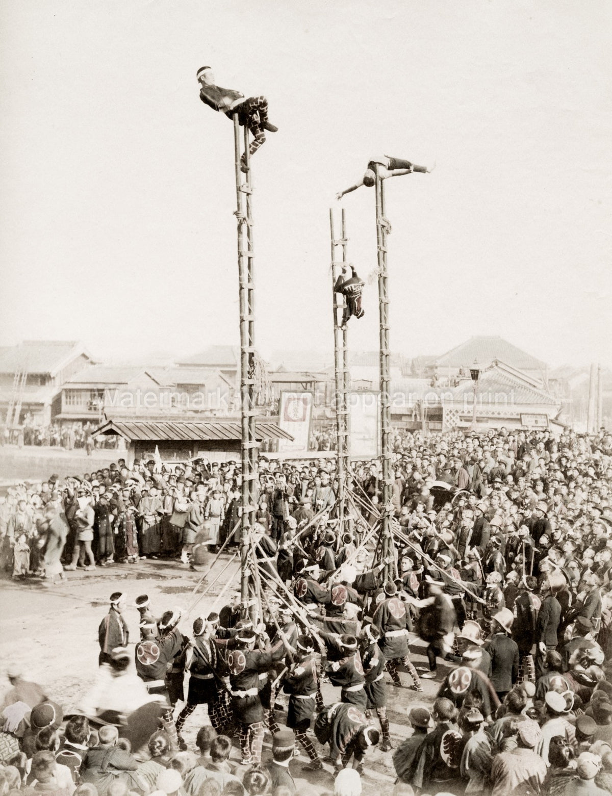Acrobatic Japanese Firemen Ladder Stunts Performance Crowd Vtg. Photo 19thC.