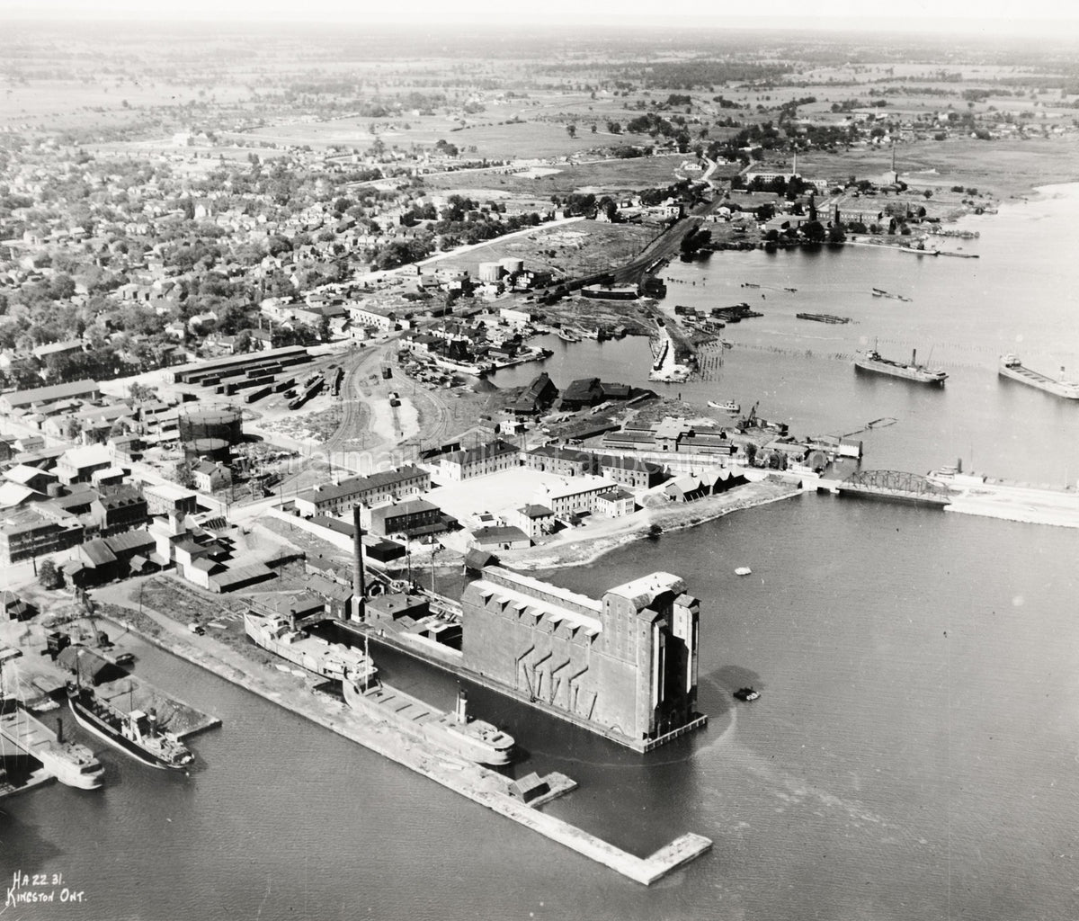 Kingston Ontario Harbour Docks Aerial View Ships Railyard Vtg. Photo 20thC.