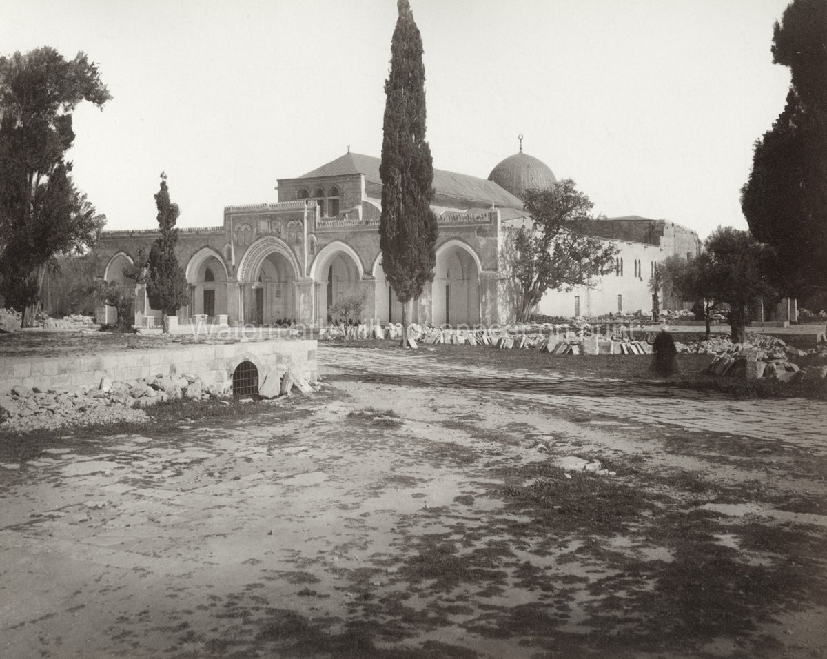 Al-Aqsa Mosque Jerusalem Temple Mount Dome Arches Cypress Vtg. Photo 19thC.