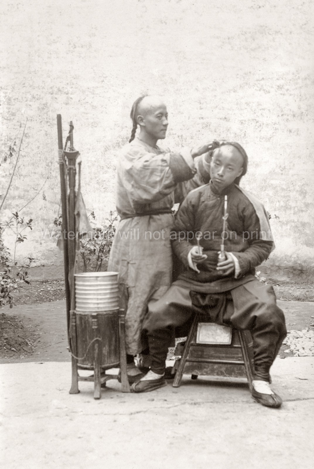 Chinese Street Barber Shaving Man's Head Queue Hairstyle China Vtg. Photo 19thC.