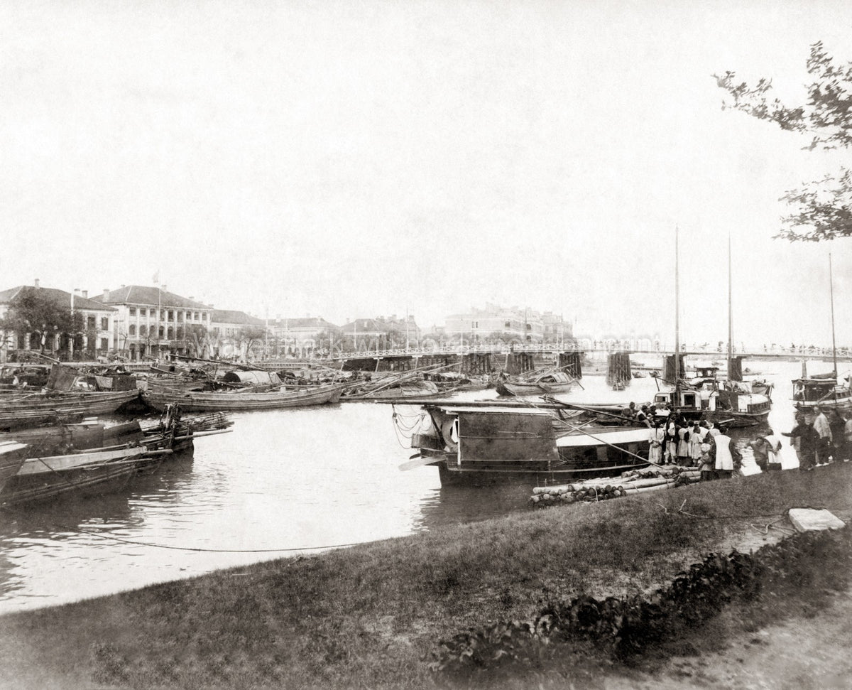 Shanghai China Garden Bridge Waterfront Sampan Boats Cityscape Vtg. Photo 19thC.