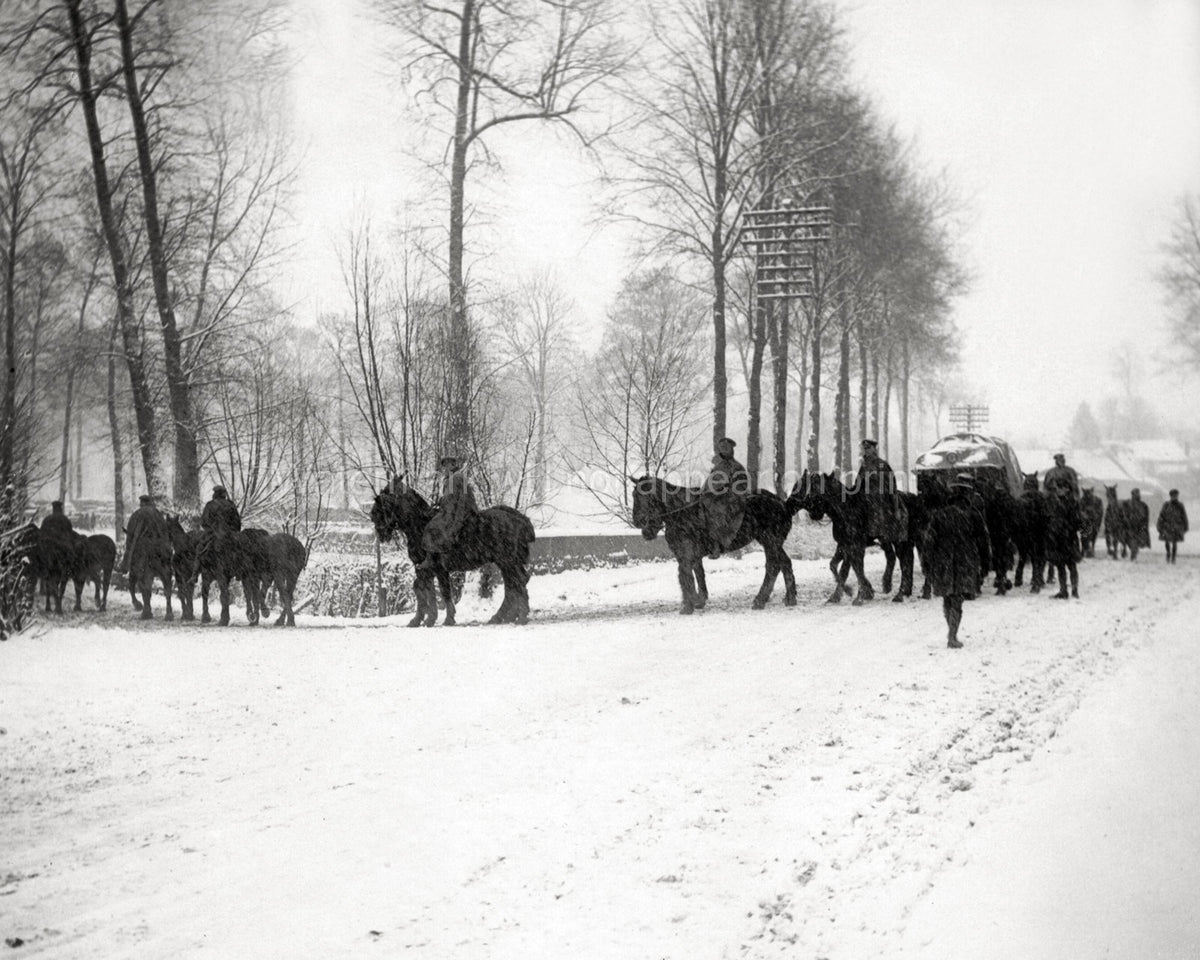 France WW1 Transport Horses Soldiers Snow Winter Convoy Road Vtg. Photo