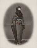 Japanese Musume Young Woman Winter Dress Umbrella Vtg. Photo 19thC.