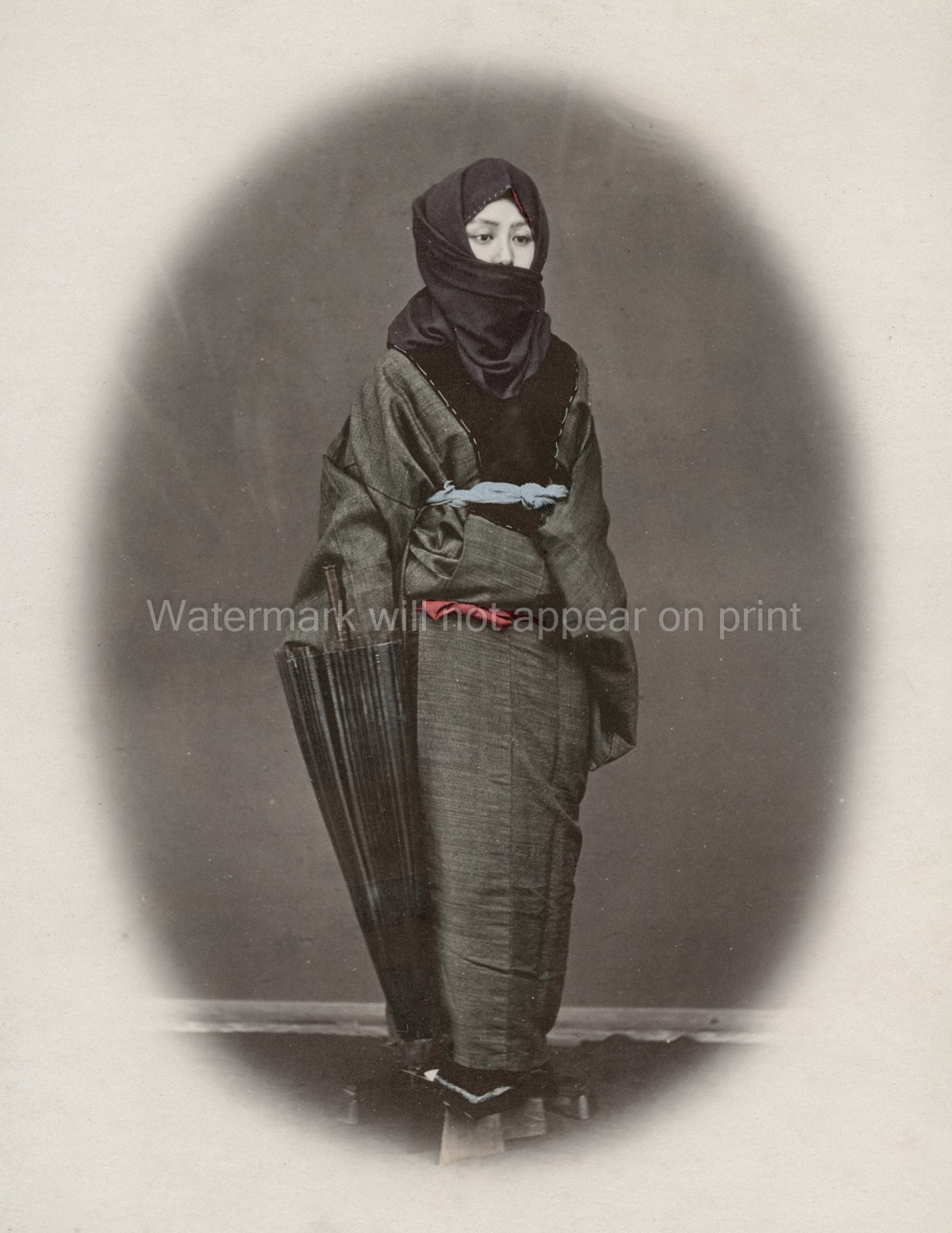Japanese Musume Young Woman Winter Dress Umbrella Vtg. Photo 19thC.