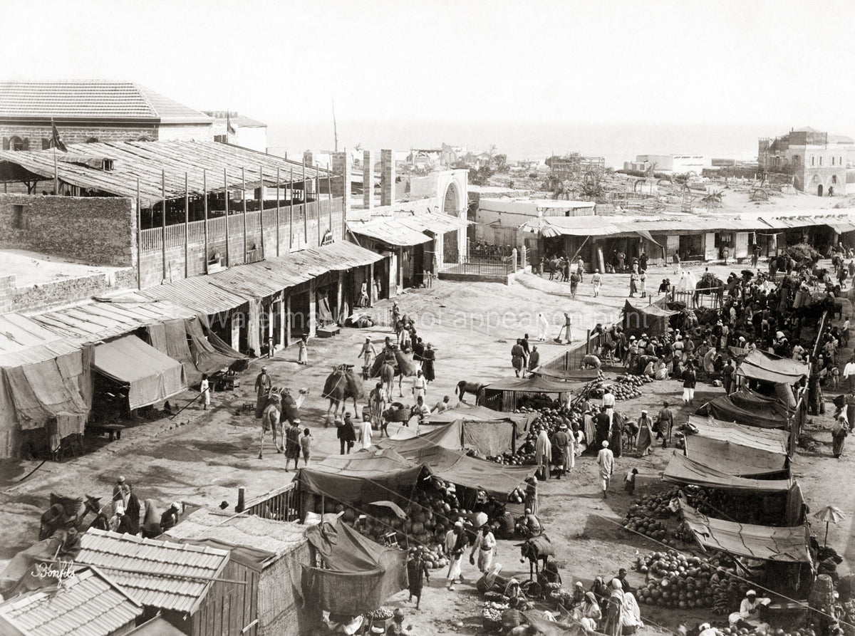 Jaffa Palestine Market Scene Camels Crowds Seaport Buildings Vtg. Photo 19thC.