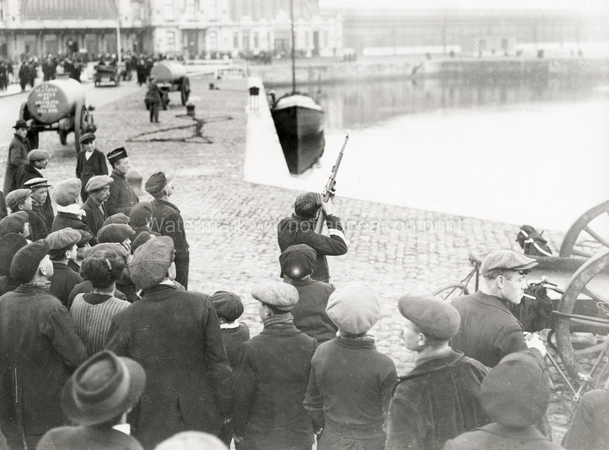 WW1 Belgian Soldier Fires Rifle Ostend Harbor Crowd Vtg. Photo