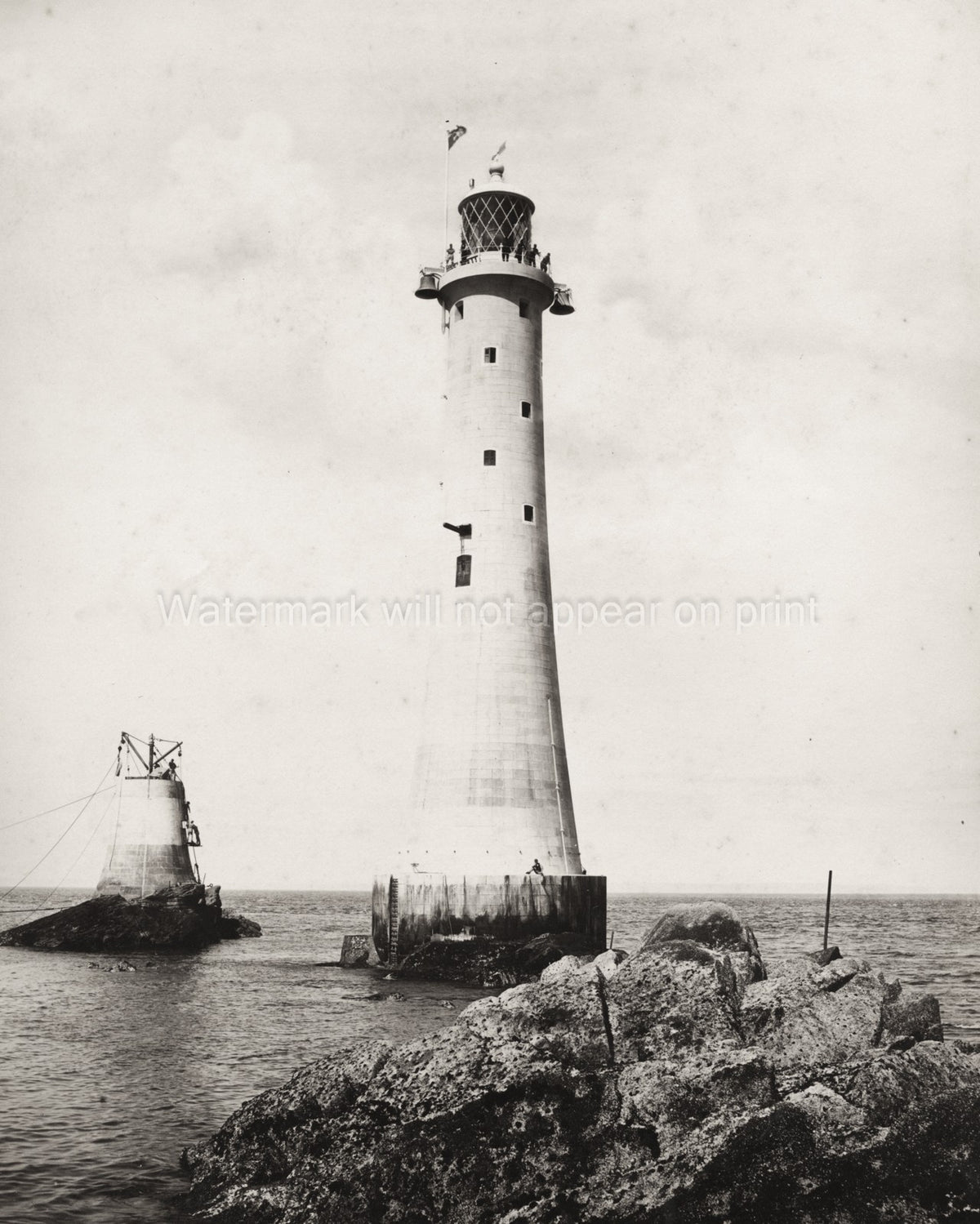 New Eddystone Lighthouse Completion Maritime Tower Ocean Rocks Vtg. Photo 19thC.