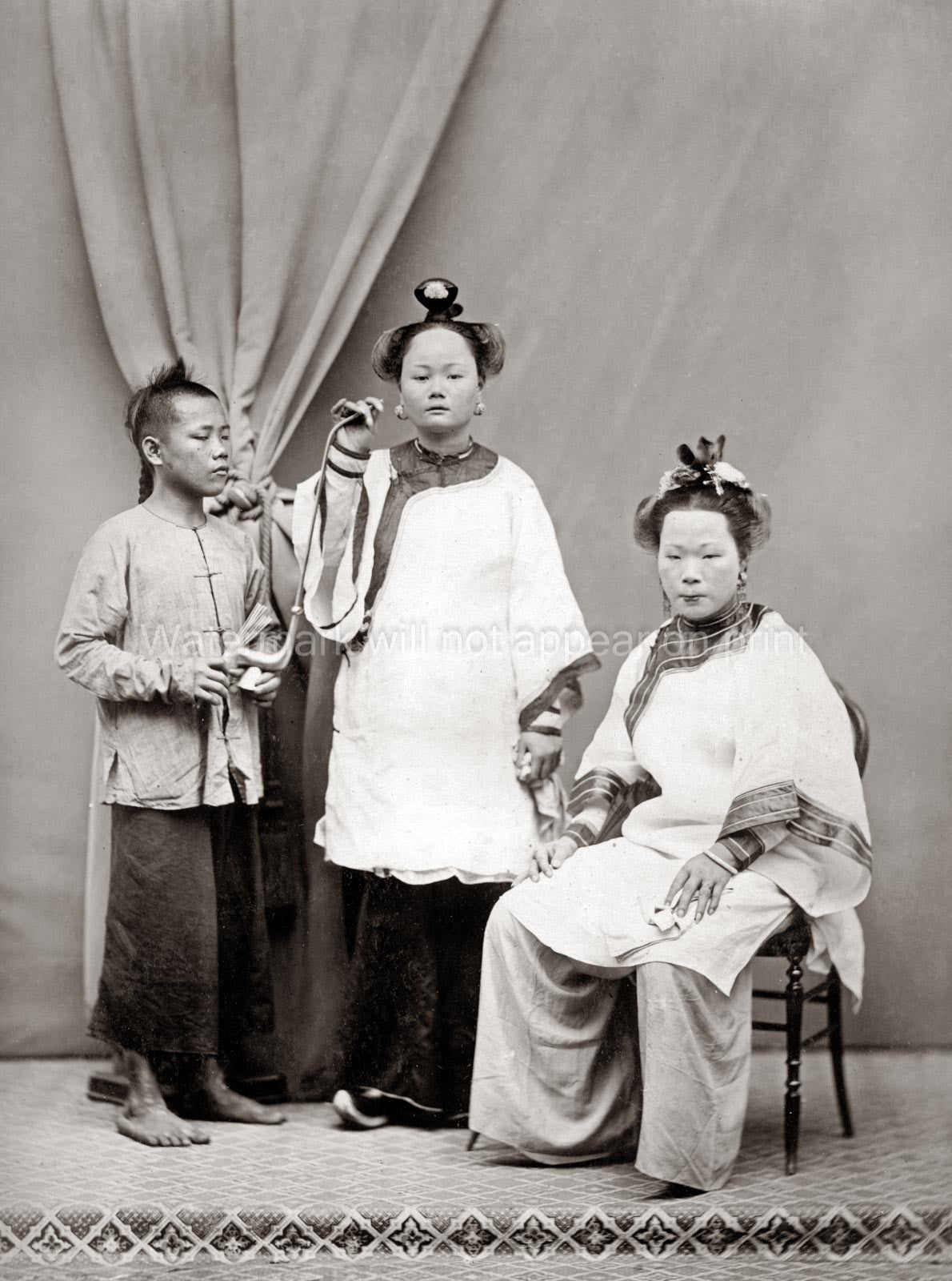 China Women Bound Feet Manchu Hairstyle Servant Boy Clothing Vtg. Photo 19thC.
