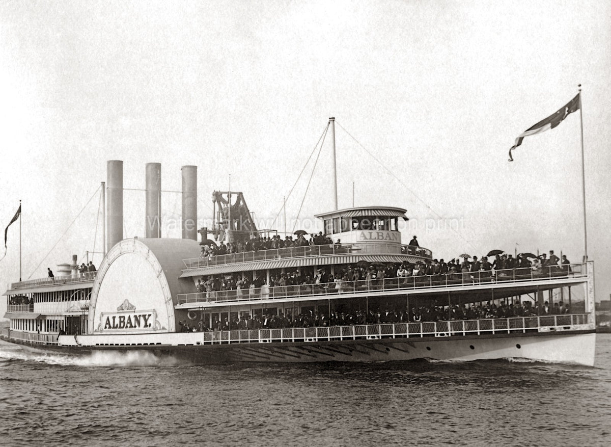 Hudson River Day Boat Albany Steamboat Passengers New York USA Vtg. Photo 19thC.