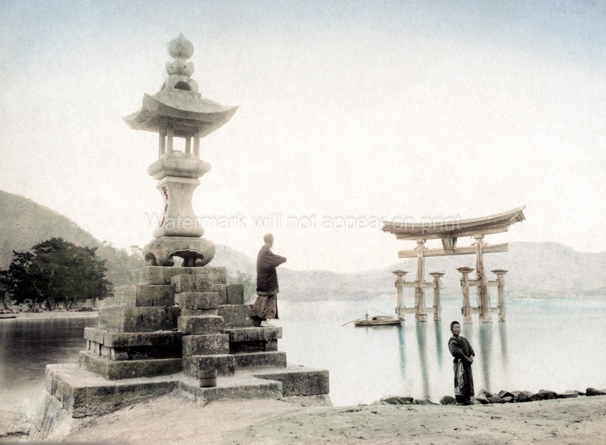 Itsukushima Shrine Floating Torii Japan Lantern Monks Water Vtg. Photo 19thC.