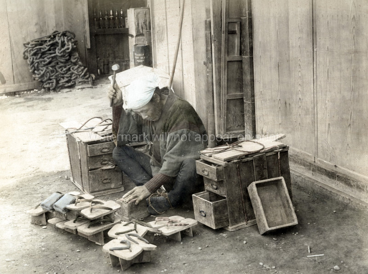 Japan Cobbler Shoe Maker Making Geta Sandals Craftsman Work Vtg. Photo 19thC.