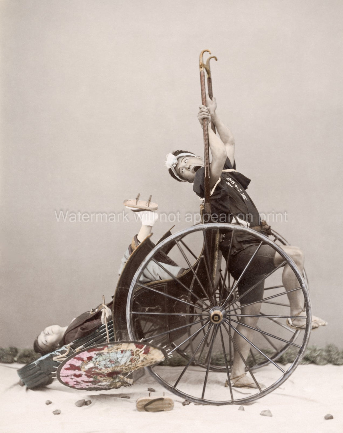 Japan Rickshaw Accident Staged Crash Upset Man Woman Vtg. Photo 19thC.