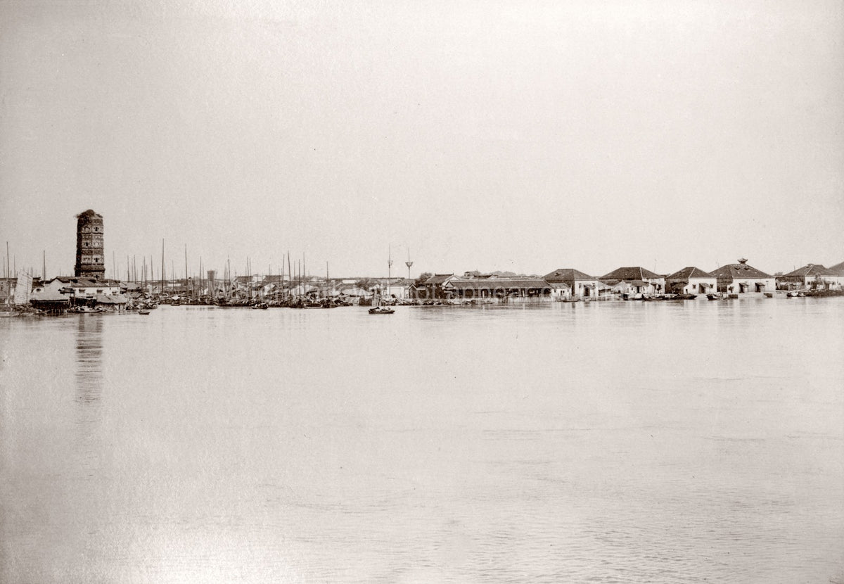 Wuhu China Riverfront Pagoda Harbor Boats Waterfront Vtg. Photo 19thC.