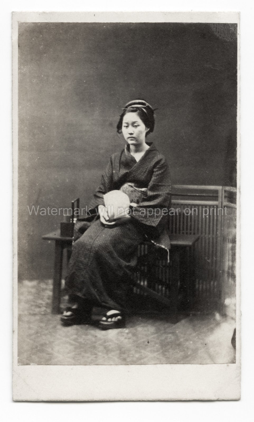 Japan Young Woman Kimono Traditional Dress Seated Portrait Vtg. Photo 19thC.
