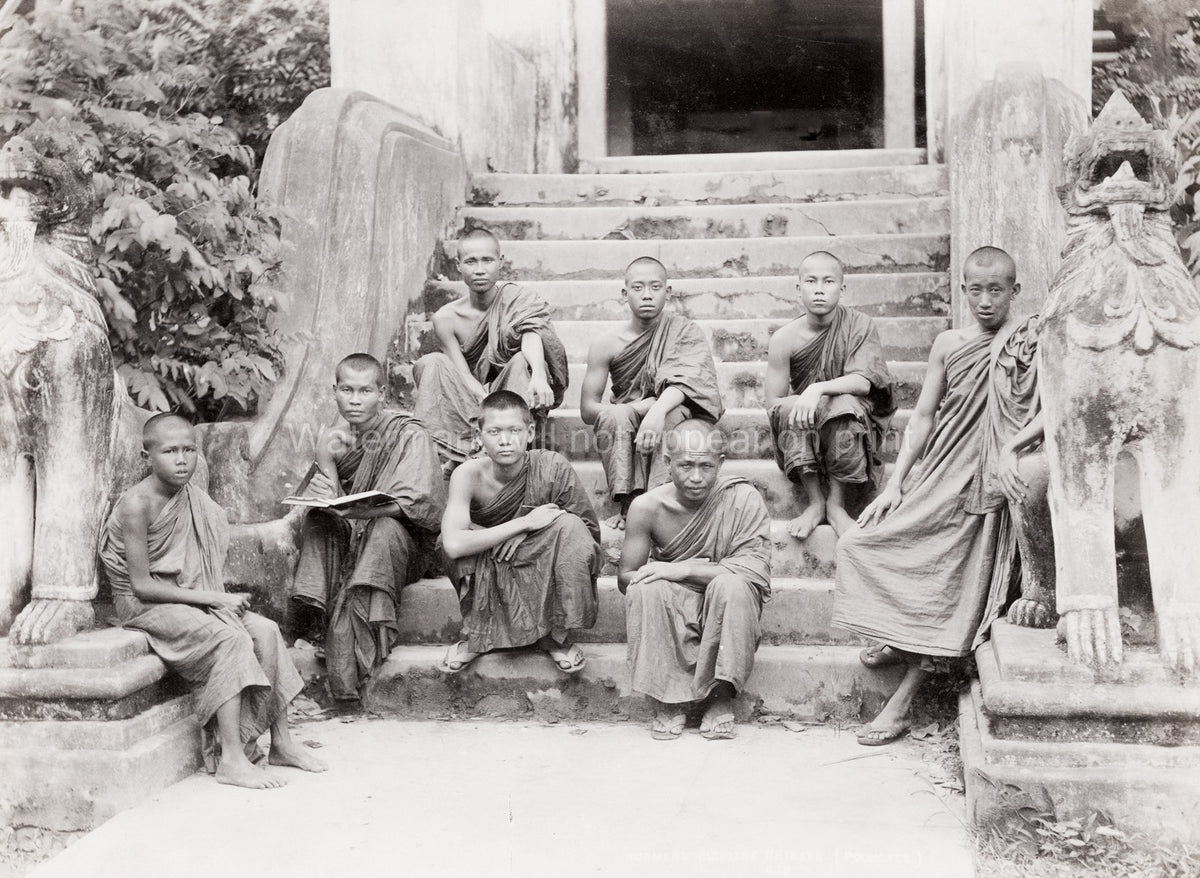 Burma Burmese Buddhist Priests Monks Temple Stairs Statues Vtg. Photo 19thC.