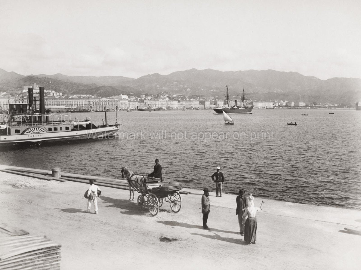 Messina Sicily Port Harbor Cityscape Paddle Steamer Ships Vtg. Photo 19thC.