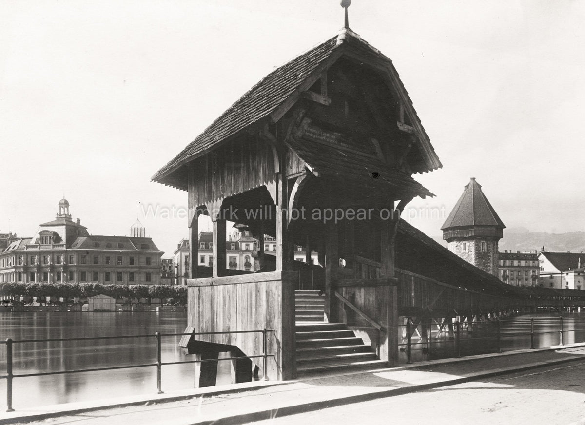 Lucerne Kapellbrcke Chapel Bridge Wasserturm River Reuss Vtg. Photo 19thC.