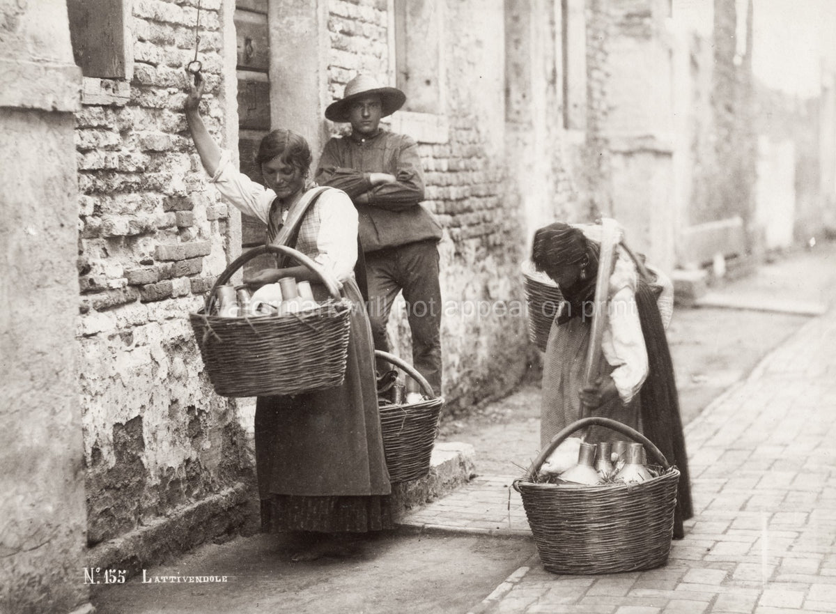 Italy Milk Sellers Street Delivery Lattivendole Baskets Vtg. Photo 19thC.