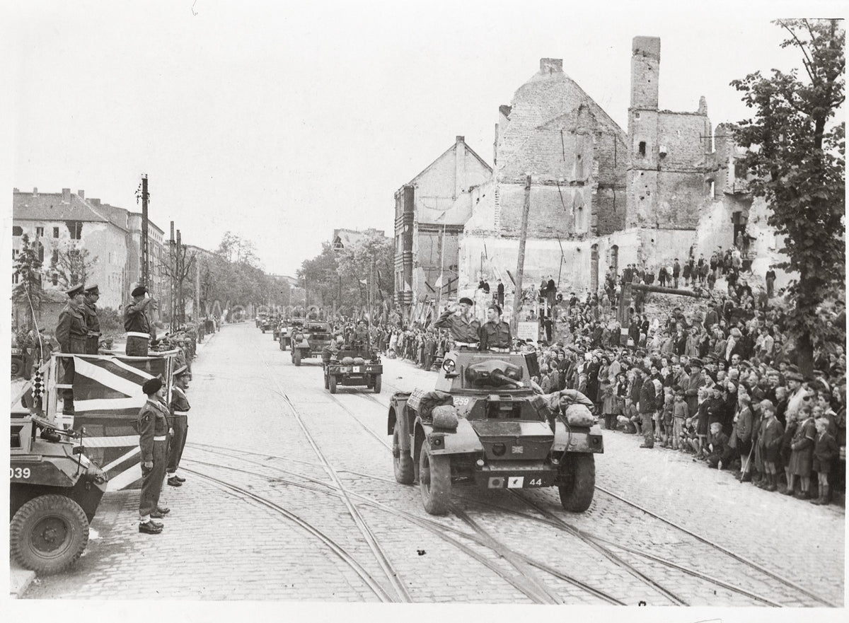 Berlin British Army WWII Parade Armored Cars Soldiers Ruins Vtg. Photo WW2