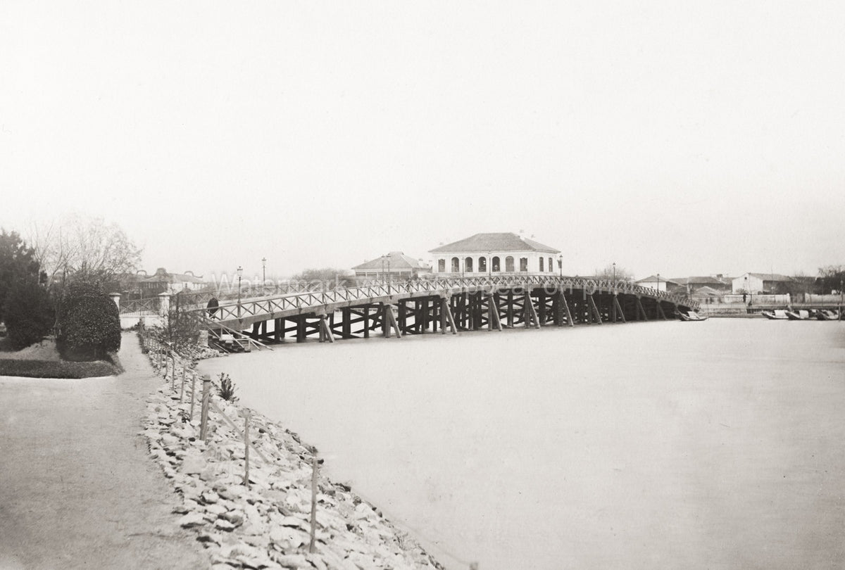 Shanghai Soochow Creek Wooden Bridge Waterfront Cityscape Vtg. Photo 19thC.