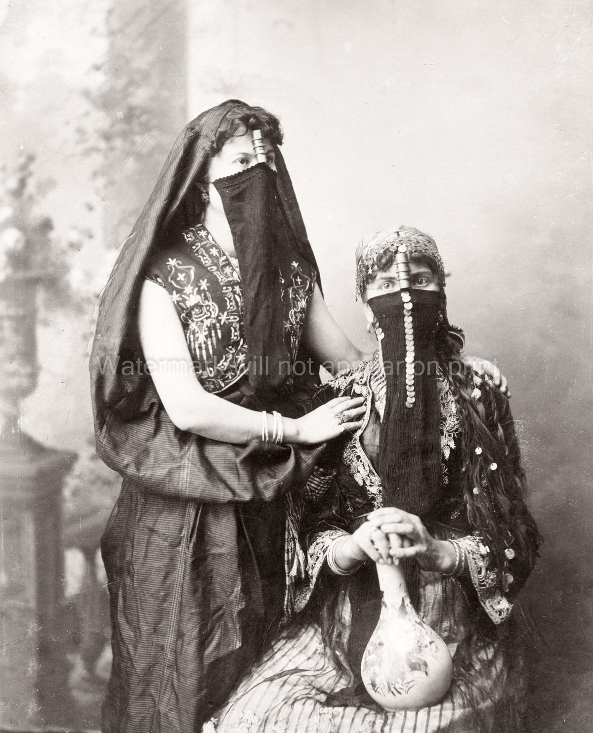 Egypt Veiled Egyptian Women Portrait Traditional Dress Jewelry Vtg. Photo 19thC.