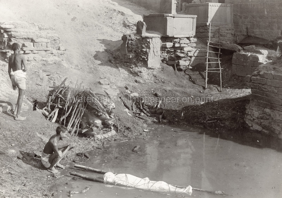Benares Varanasi India Cremation Ghat Hindu Funeral Ritual Vtg. Photo 19thC.