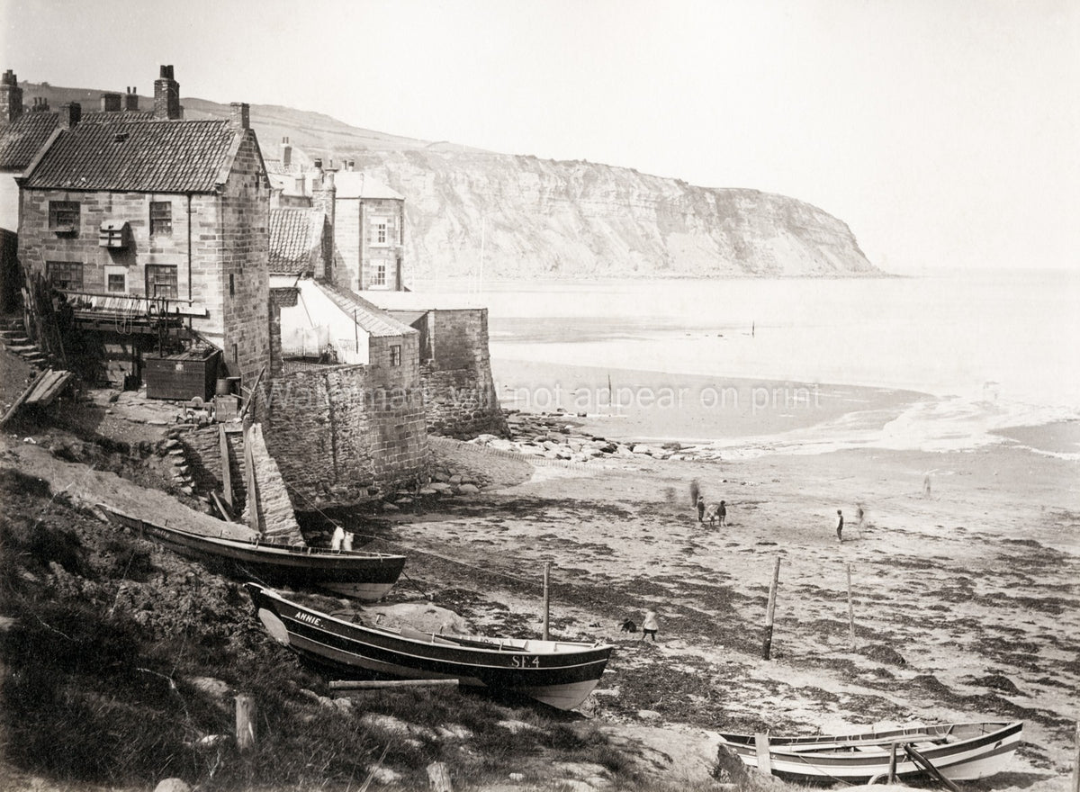 Robin Hood's Bay Yorkshire Beach Headland Fishing Boats Vtg. Photo 19thC.