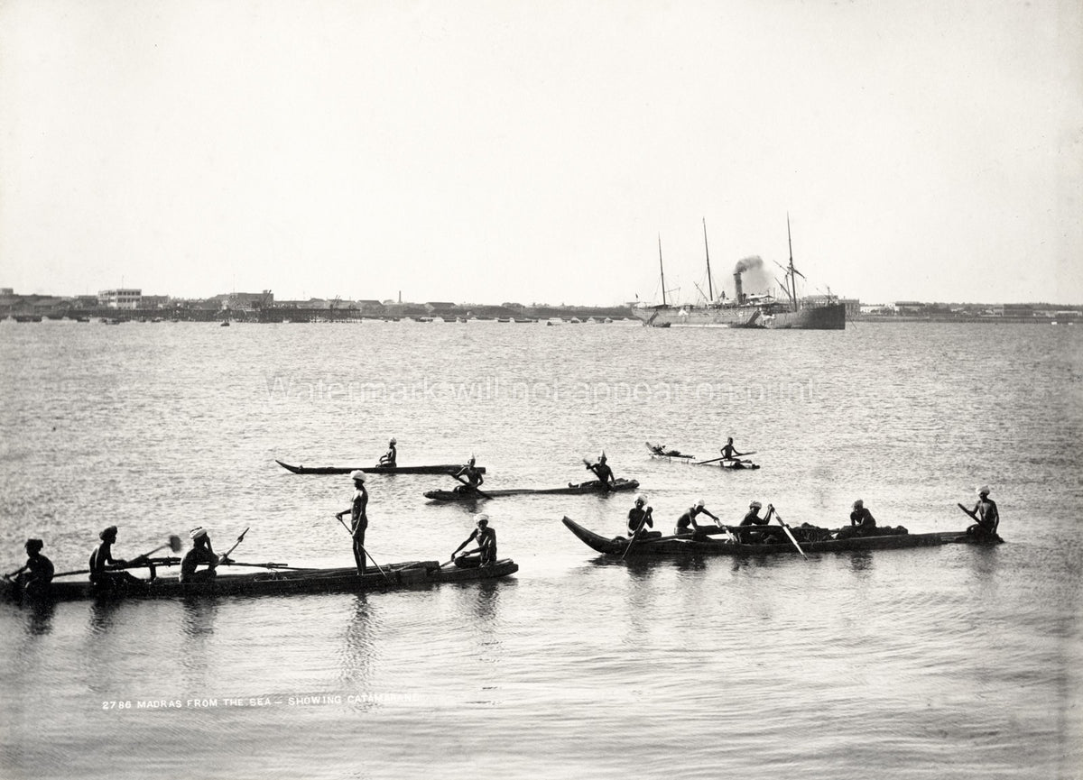 Madras India Harbor Scene Fishing Catamarans Steamship Boats Vtg. Photo 19thC.