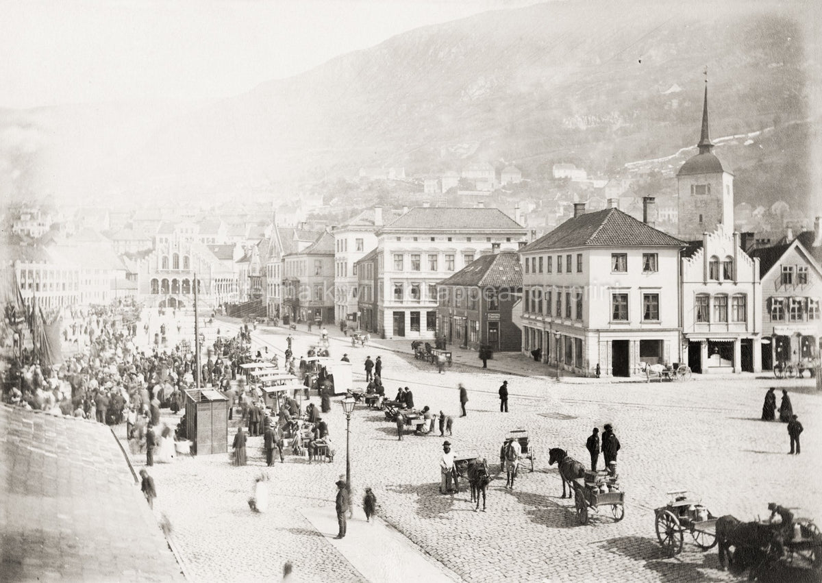 Bergen Norway Street Market Cobblestone Square Cityscape Vtg. Photo 19thC.