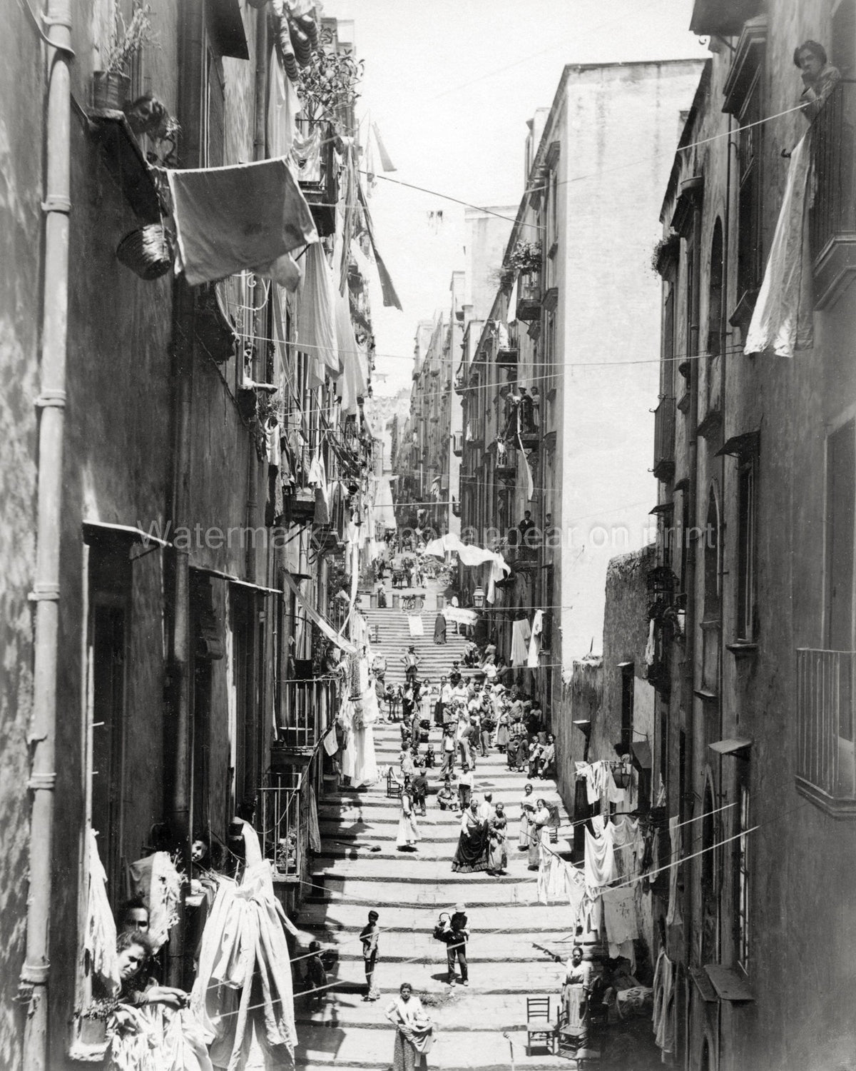 Naples Italy Vico del Pallonetto Santa Lucia Crowds Stairs Vtg. Photo 19thC.